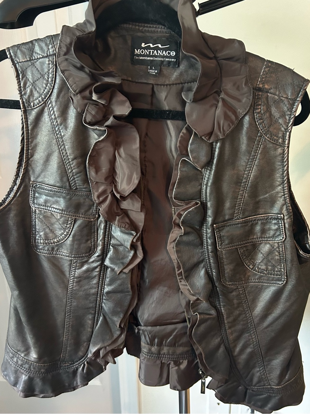 Women's Brown Ruffled Faux Leather Vest